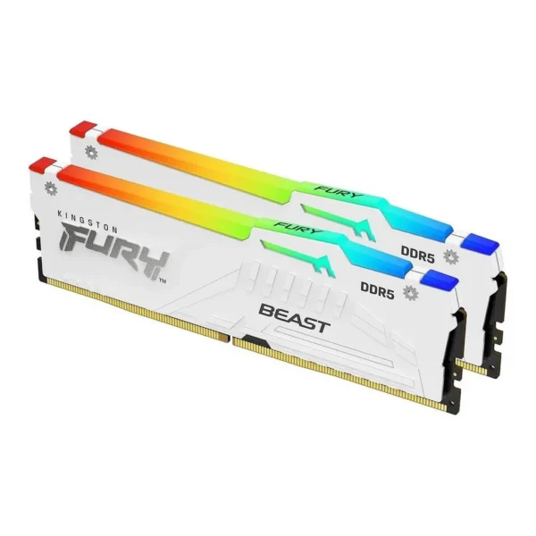 Kingston Fury Beast RGB 32GB (2x16GB) DDR5 Desktop Memory, 5600MT/s Memory Speed, CL36 CAS Latency, 1.25 Voltage, 288-Pin, Intel XMP 3.0 & AMD Expo Profile, White | KF556C36BWEAK2-32 - Image 1 Kingston Fury Beast RGB 32GB (2x16GB) DDR5 Desktop Memory, 5600MT/s Memory Speed, CL36 CAS Latency, 1.25 Voltage, 288-Pin, Intel XMP 3.0 & AMD Expo Profile, White | KF556C36BWEAK2-32 - Image 1