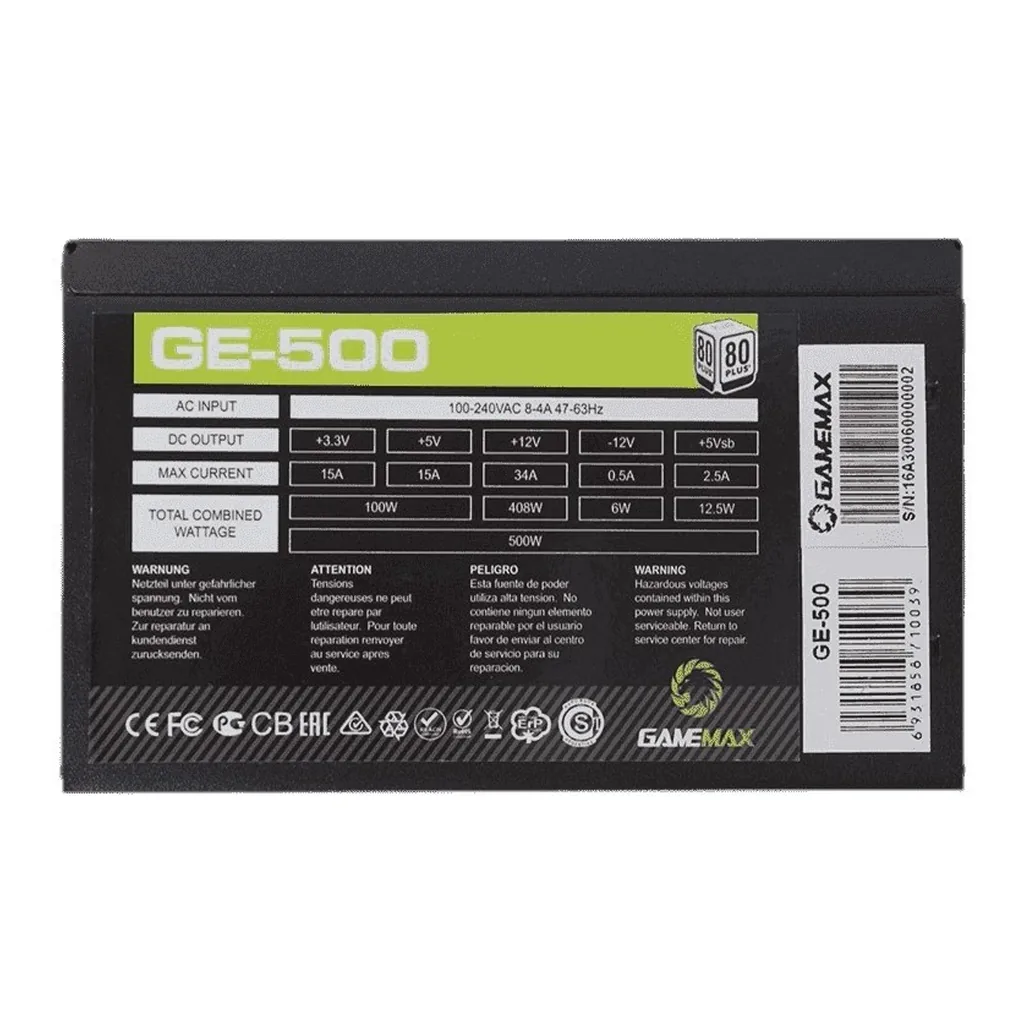 9ce5d6bf884e17d819c702b32d8e1914-hi.jpg GameMax GE-500 ATX Non Modular Power Supply, 500 Watts, AC, FULL RANGE (100-240v) APFC, Mesh Shield cable, CE/EMI, 80+ Certificate , Black | GE-500
