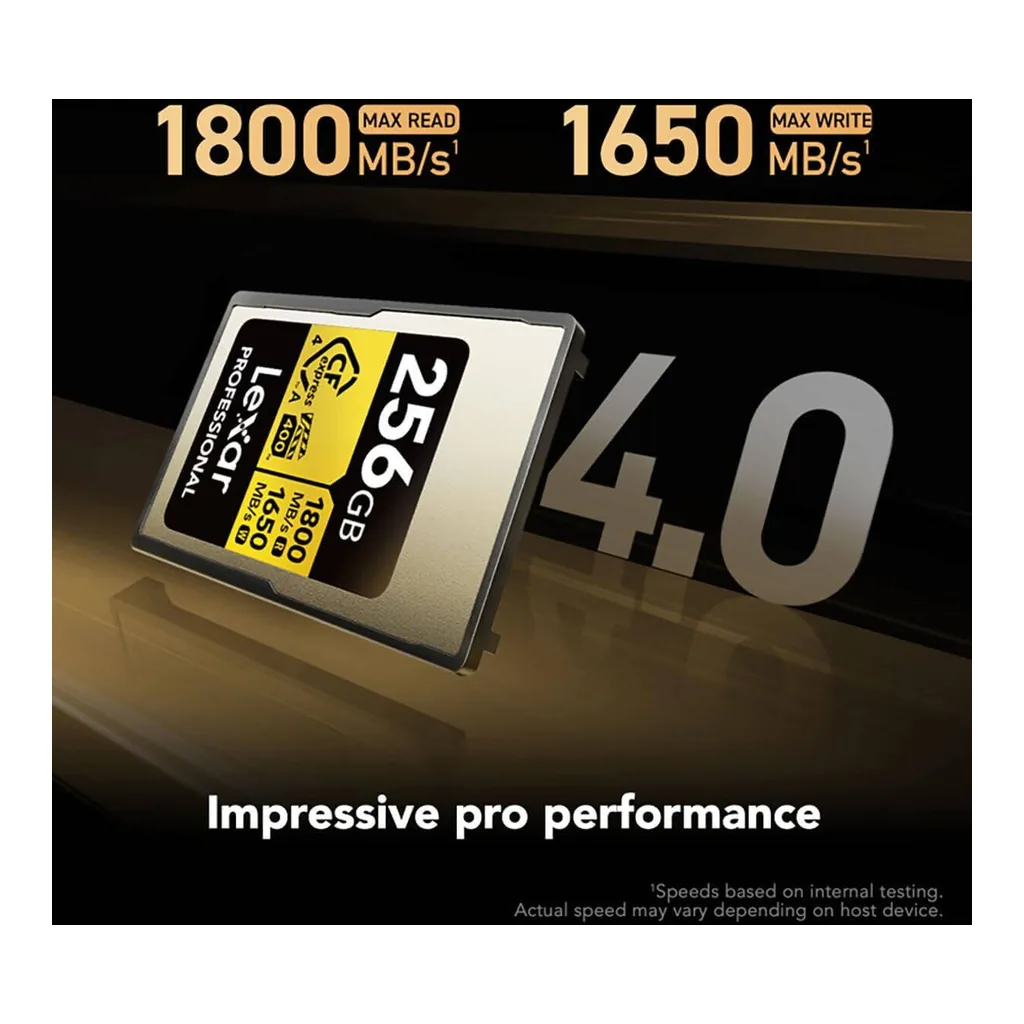 9f03504805e30731da464adfd0efd31d-hi.jpg Lexar Professional Gold Series CFexpress 4.0 Type A Card 256GB, Up to 1800MB/s, VPG400, 8K Video, Compatible with Sony Alpha & FX Cameras, Gold | LCAEXG4256G-RNENG
