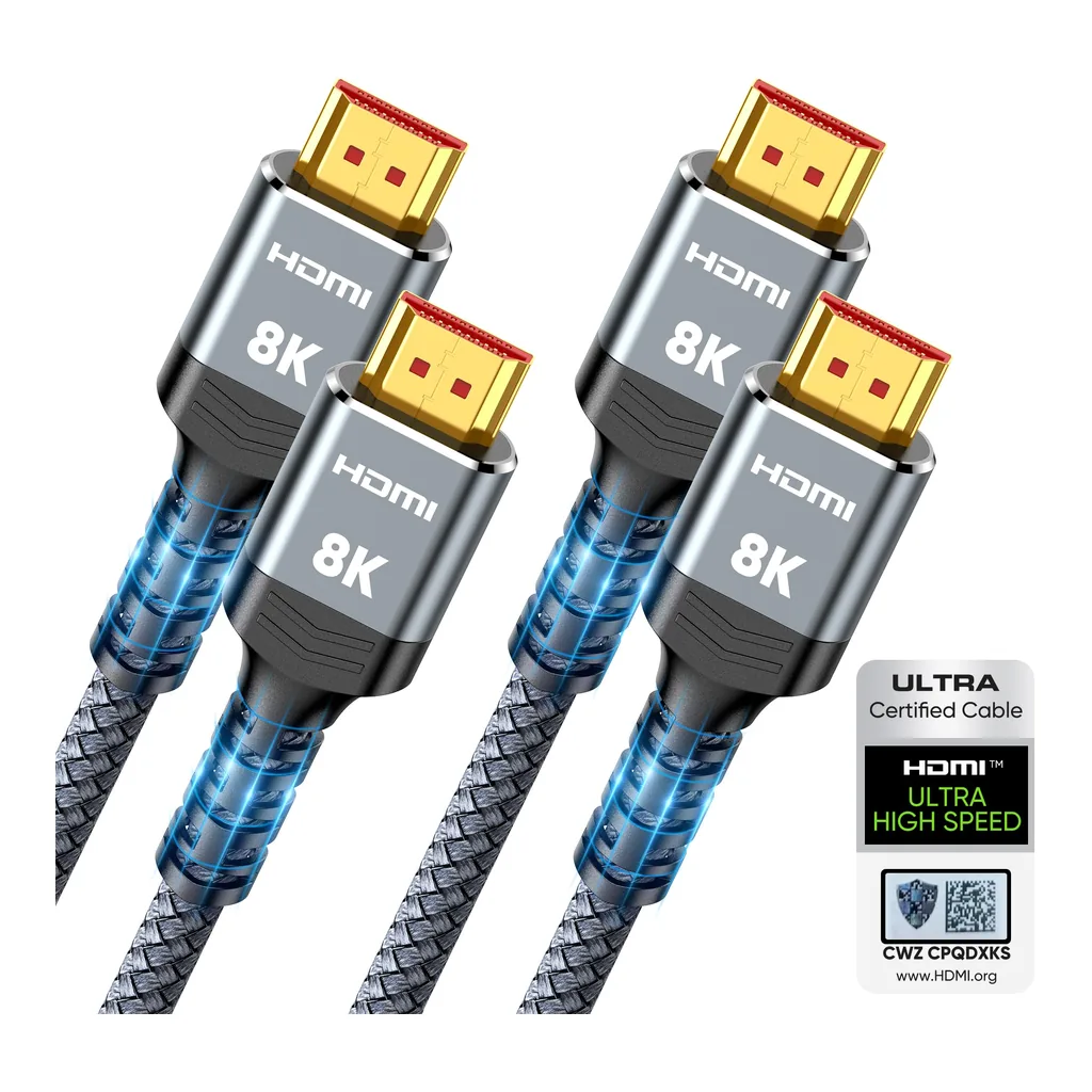 EditionSANI-Amazon-B091GWJPJ5-01 Two grey Highwings 8K HDMI 2.1 braided cables with gold-colored connectors