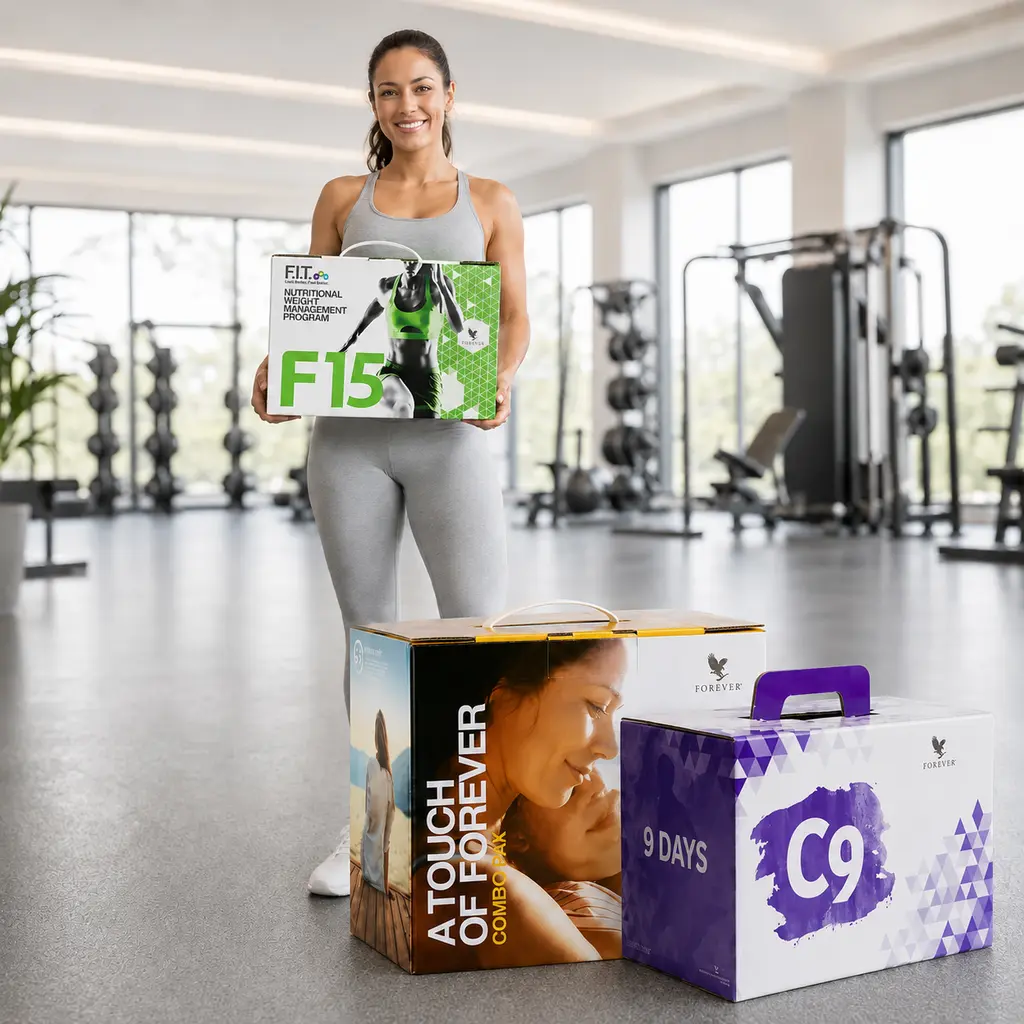 EditionSANI-Combo-Paks-Woman-Gym-Large-Packs Woman with Forever combo packs at the gym