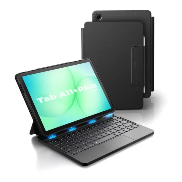 Dexnor Galaxy Tab A11+ keyboard case — Black, front and rear view Black Dexnor keyboard case for Galaxy Tab A11+ shown with a tablet for illustration; tablet and stylus sold separately