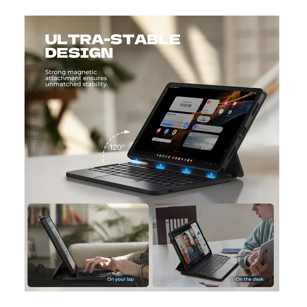 Dexnor Galaxy Tab A11+ keyboard case — Magnetic support Dexnor Galaxy Tab A11+ keyboard case showing its magnetic stand and viewing angle