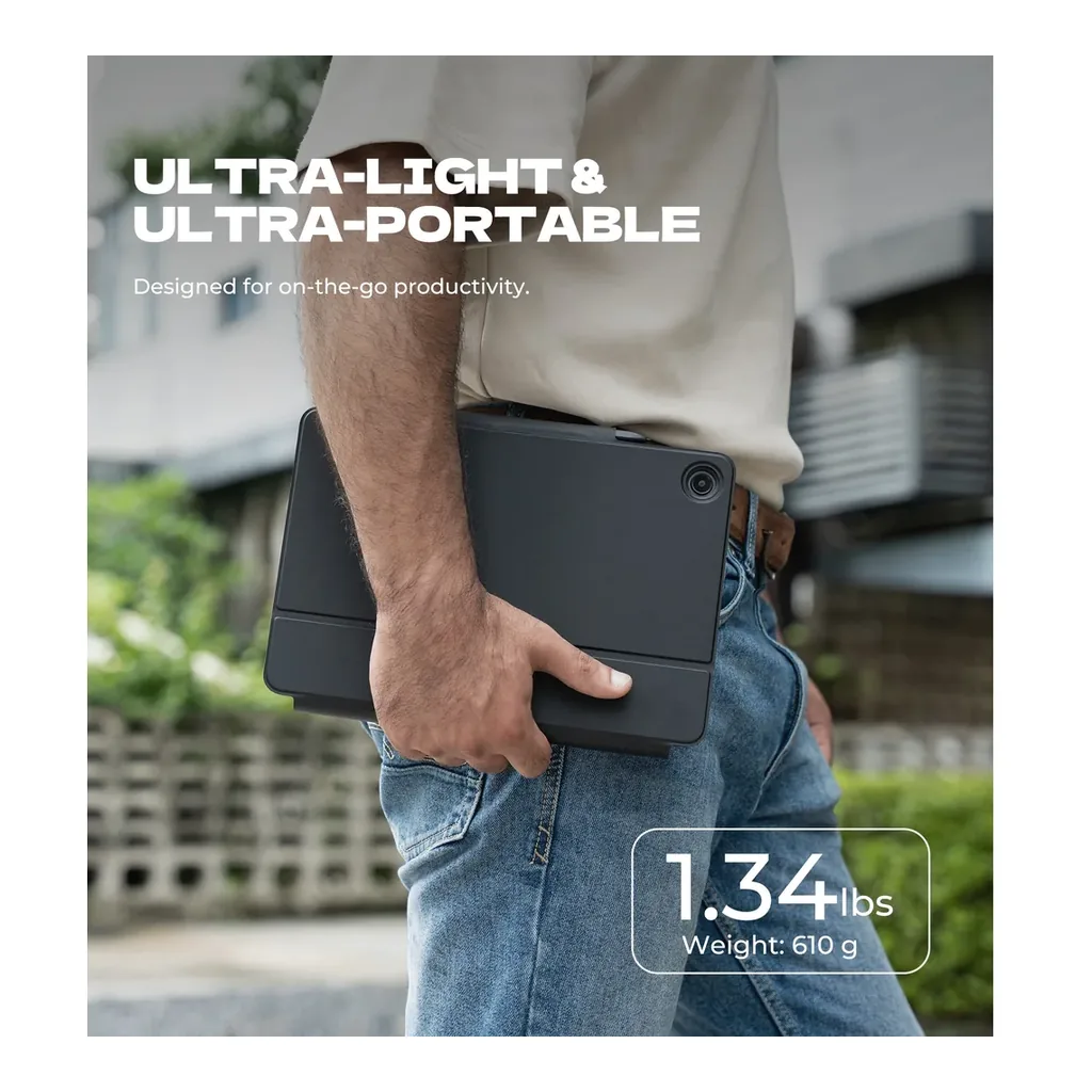 Dexnor Galaxy Tab A11+ keyboard case — Portable design Black Dexnor Galaxy Tab A11+ keyboard case carried in a hand; tablet shown for illustration