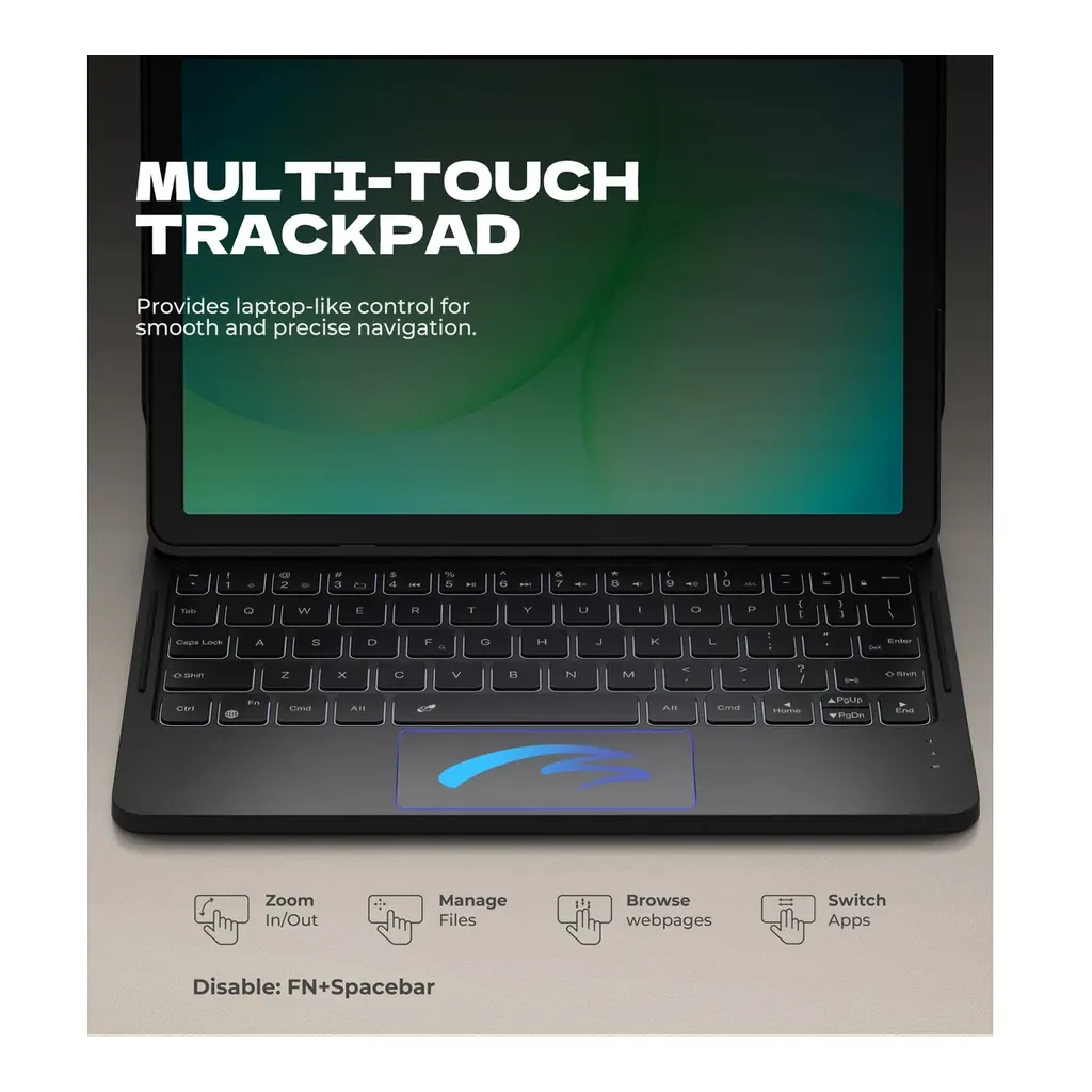 Dexnor Galaxy Tab A11+ keyboard case — Multi-touch trackpad Close view of the Dexnor keyboard and multi-touch trackpad for Galaxy Tab A11+