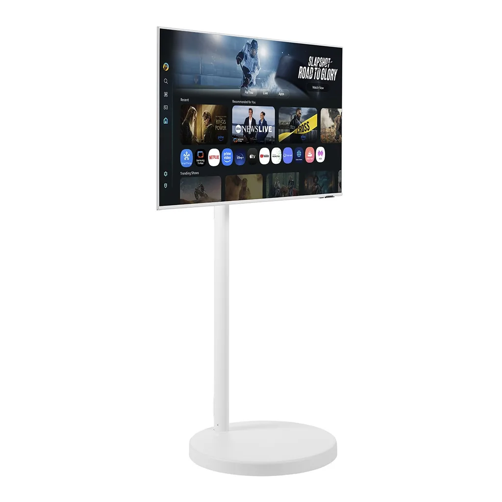 Samsung LS43FM70YUNXZA — angled view Samsung Movingstyle Essential 43-inch white monitor and rolling stand, angled view
