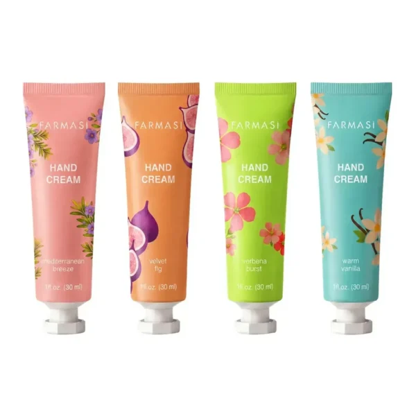 FARMASI Hand Creams Complete Collection four 30 ml tubes on white FARMASI Hand Creams Complete Collection four 30 ml tubes on white