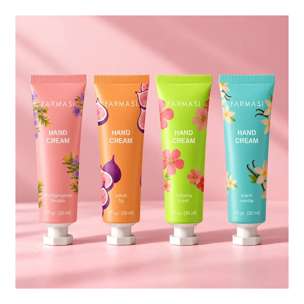 FARMASI Hand Creams Complete Collection four 30 ml tubes pink studio setting FARMASI Hand Creams Complete Collection four 30 ml tubes pink studio setting