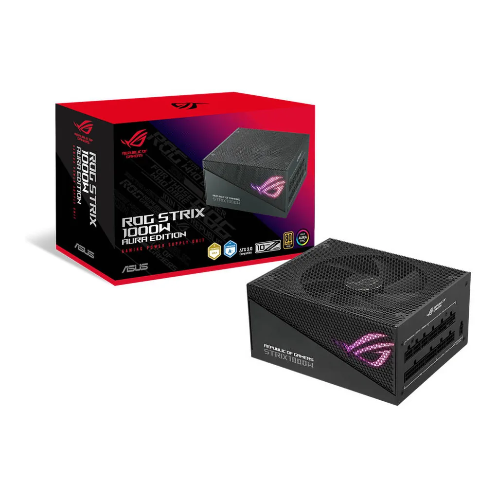a45e316203cca30f78c79bf42a26d649-hi.jpg Asus ROG STRIX 1000W Aura Edition ATX Power Supply Unit, 80 PLUS Gold Certifications, Full Modular, 135mm Axial-tech Fan, 0dB Technology, PCIe Gen 5.0, ARGB Lighting, Black | 90YE00P1-B0NA00