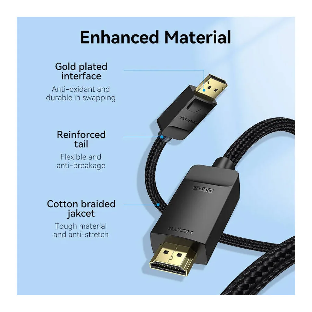 a65c3192e84ef60d82aa104315790304-hi.jpg Vention Cotton Braided 4K DP Male to HDMI-A Male HD Cable, 4K/60Hz Resolution, HDR Support, Audio & Video Sync, High Performance Chip, Premium Shielding Technology, 3 Meter Cable Length, Black