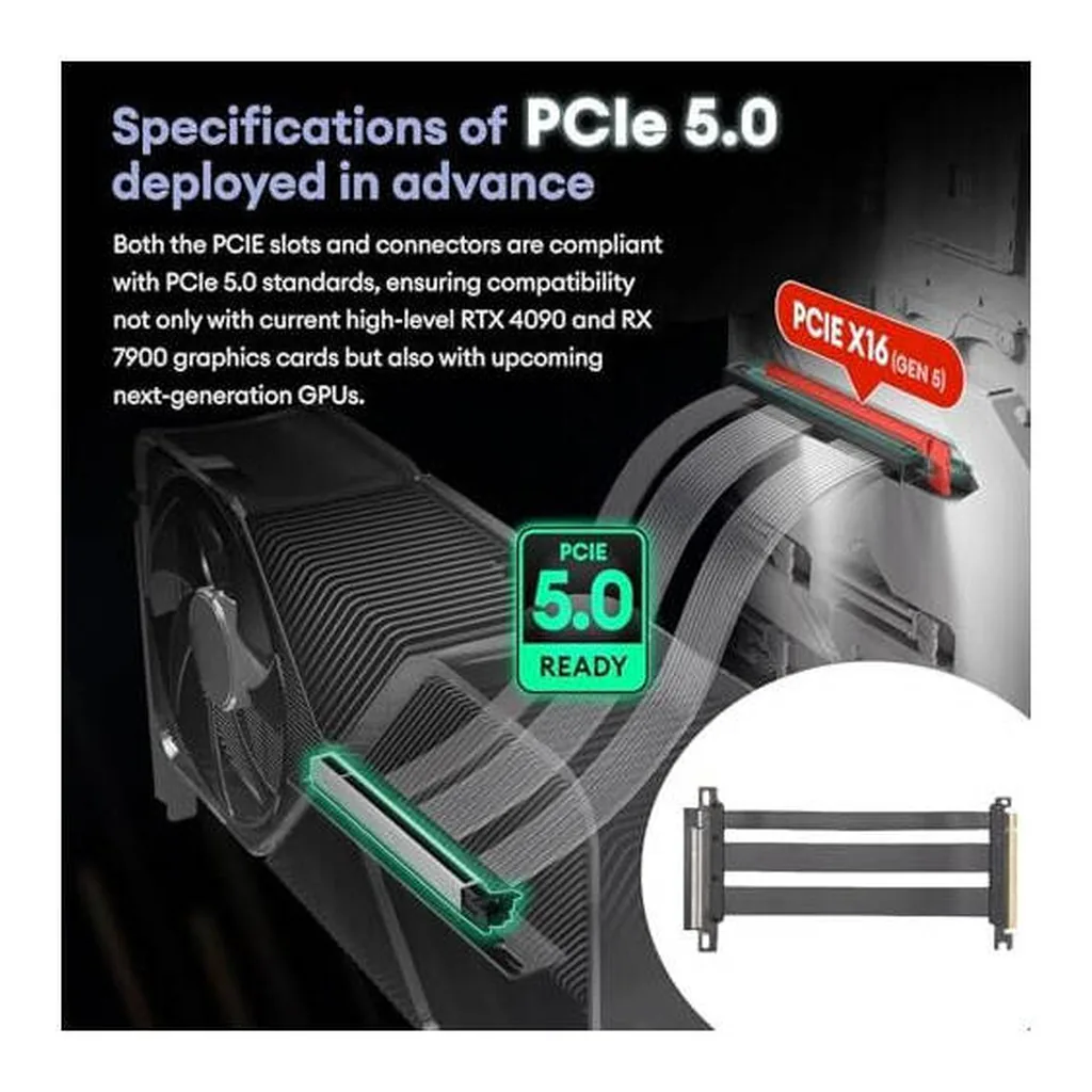 ASHATA PCIe 5.0 X16 GPU Extension Cable 128Gbps Gen 5 Flexible Riser Card for RTX 4090 RTX 5090 RX 7900 Vertical GPU Display and Mounting, Black | (A) - Image 7 ASHATA PCIe 5.0 X16 GPU Extension Cable 128Gbps Gen 5 Flexible Riser Card for RTX 4090 RTX 5090 RX 7900 Vertical GPU Display and Mounting, Black | (A)