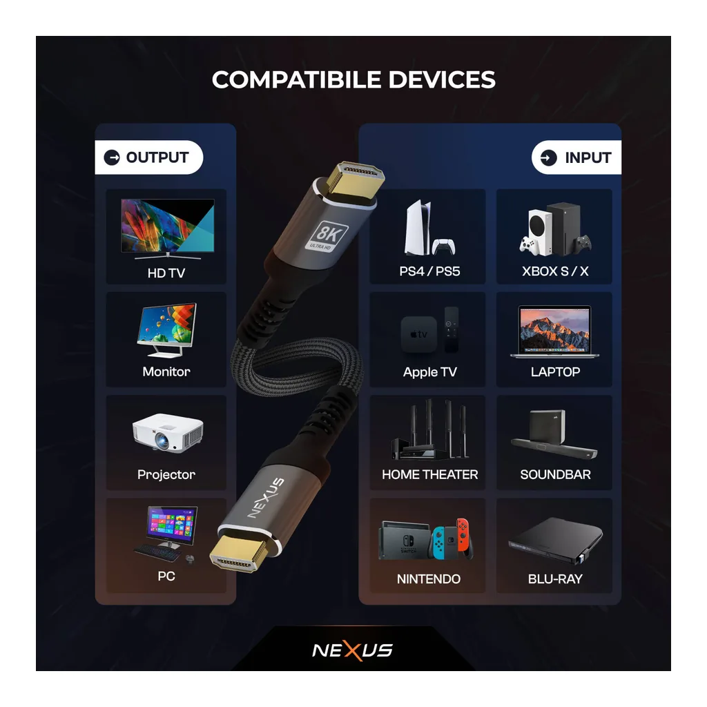 aa106b474cfc3845d01c4f0693543035-hi.jpg Nexus HDMI to HDMI Cable, 48Gbps Ultra High-Speed Transmission, Supports Up to 8K@60Hz, Nickel Plated Connector, Nylon Braided Cord, 2m Cable Lenth, Black