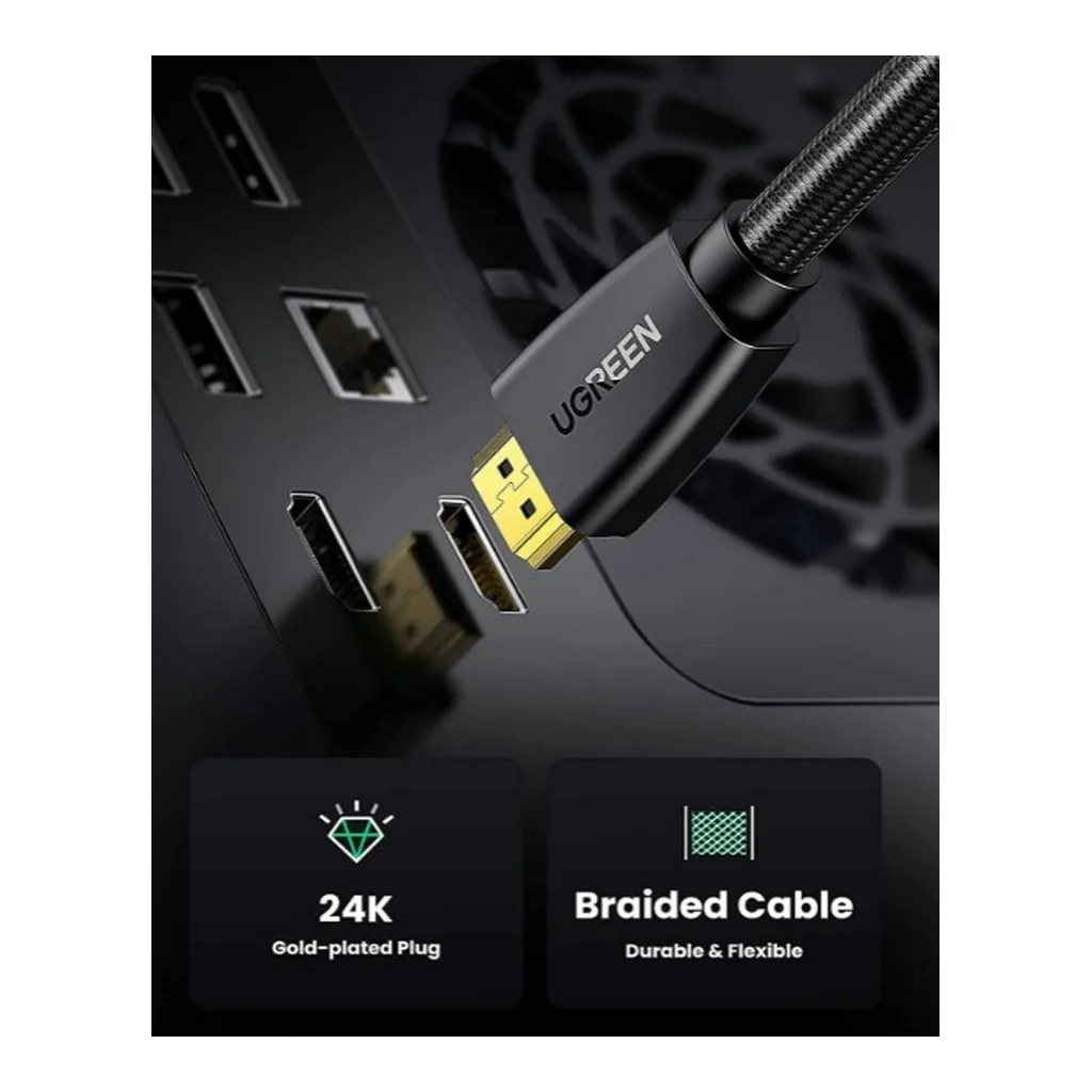 aa1a47b5b0a7376c4652ad39f5418d60-hi.jpg UGREEN HDMI TO HDMI Male Cable, 4K @ 60Hz UHD Resolution Support, 18Gbps Data Transfer Rate with Ethernet Support, Gold-Plated Connector, Braided Cable, 3 Meter Cable Length, Black