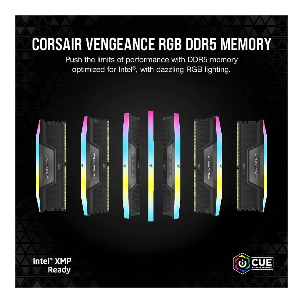 CORSAIR VENGEANCE 32GB (2x16GB) RGB DDR5 288-Pin Dual Channel Desktop Memory Kit, 6000 MHz Tested Speed, 30-36-36-76 Latency, Intel XMP 3.0 Chipset, Overclock PMIC, 1.40V, Black | CMH32GX5M2B6000C30 - Image 2 CORSAIR VENGEANCE 32GB (2x16GB) RGB DDR5 288-Pin Dual Channel Desktop Memory Kit, 6000 MHz Tested Speed, 30-36-36-76 Latency, Intel XMP 3.0 Chipset, Overclock PMIC, 1.40V, Black | CMH32GX5M2B6000C30 - Image 2
