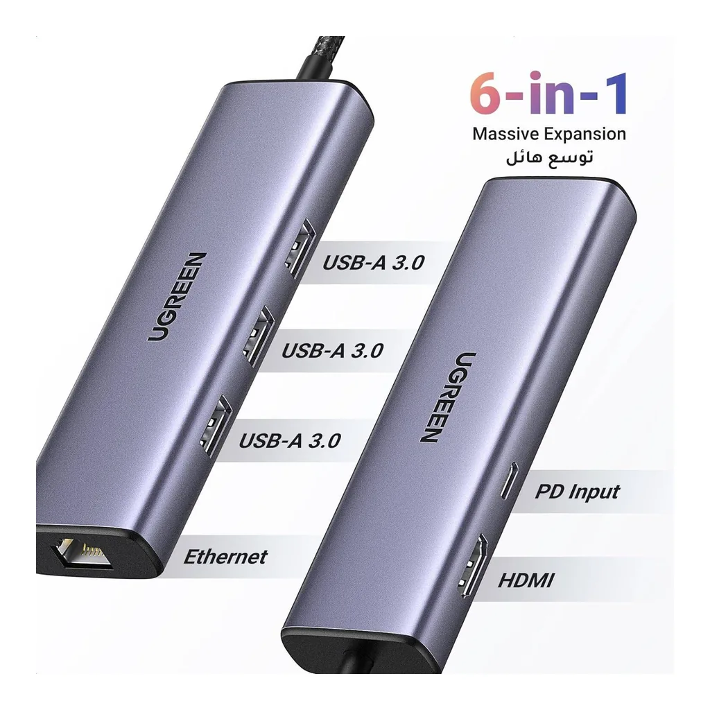 ac9cc4602ea7f9e9680ab14bb052c566-hi.jpg UGREEN Revodok 1061 6-in-1 USB-C Hub, Up to 4K Display, 1Gbps Ethernet Speed, 100W Power Passthrough, 5Gbps Data Transfer Rate, 3x USB Type-A, 1x RJ45 Ethernet, 1x HDMI, 1x USB-C Ports | 15598