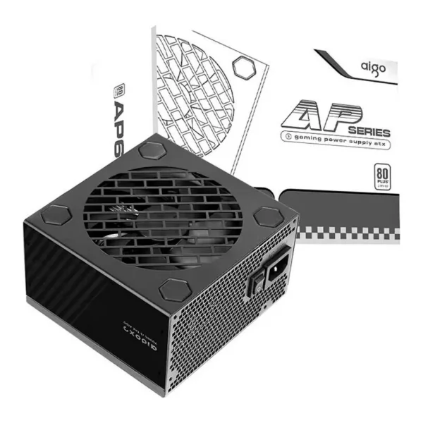 Aigo AP550 Non-Modular Power Supply, 80 PLUS White Efficiency, Active PFC, Built-In 120mm Cooling Fan, Four Silicone Pads, Protection Measures, Black | AP550 – Main image Aigo AP550 Non-Modular Power Supply, 80 PLUS White Efficiency, Active PFC, Built-In 120mm Cooling Fan, Four Silicone Pads, Protection Measures, Black | AP550 – Main image