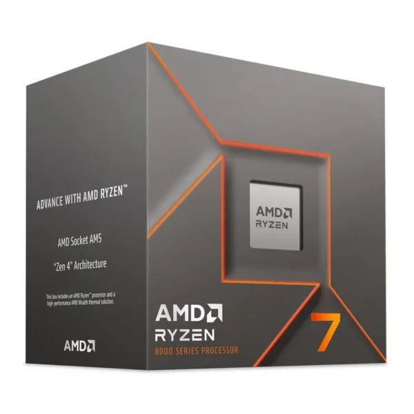 AMD Ryzen 7 8700F AM5 CPU Processor, 8 Cores & 16 Threads, 5 GHz Max Boost Clock, 8MB L2 & 16MB L3 Cache, Zen 4 Architecture, DDR5-5200 Memory, Includes Wraith Stealth Cooler | 100-100001590BOX – Main image AMD Ryzen 7 8700F AM5 CPU Processor, 8 Cores & 16 Threads, 5 GHz Max Boost Clock, 8MB L2 & 16MB L3 Cache, Zen 4 Architecture, DDR5-5200 Memory, Includes Wraith Stealth Cooler | 100-100001590BOX – Main image