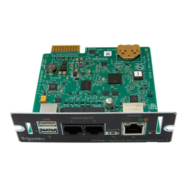 APC UPS Network Management Card 3 with Environmental Monitoring, EN 55022 Class A / ICES-003 Standards, 2x USB Port, RJ45 Universal I/O, 10/100/1000 Base-T Connector | AP9641 – Main image APC UPS Network Management Card 3 with Environmental Monitoring, EN 55022 Class A / ICES-003 Standards, 2x USB Port, RJ45 Universal I/O, 10/100/1000 Base-T Connector | AP9641 – Main image