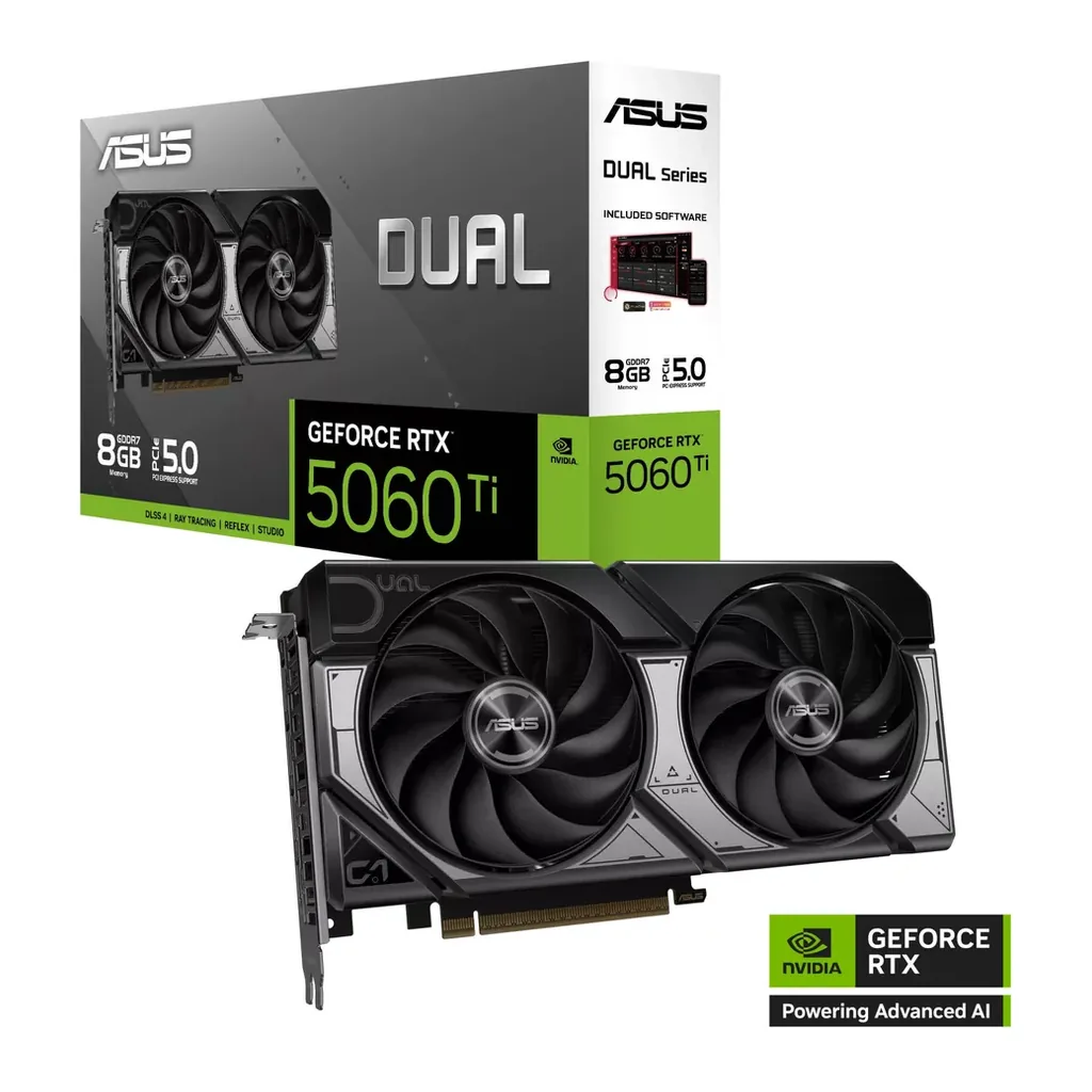 ASUS Dual GeForce RTX 5060 Ti Graphics Card, 8GB GDDR7 128-Bit Memory, 2572 MHz Boost Clock, 28 Gbps Memory Speed, 4608 CUDA Cores, PCI Express 5.0 | – Main image ASUS Dual GeForce RTX 5060 Ti Graphics Card, 8GB GDDR7 128-Bit Memory, 2572 MHz Boost Clock, 28 Gbps Memory Speed, 4608 CUDA Cores, PCI Express 5.0 | – Main image
