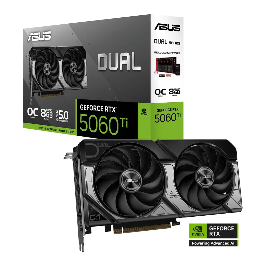 ASUS Dual GeForce RTX 5060 Ti OC Edition Graphics Card, 8GB GDDR7 128-Bit Memory, 2602 MHz Boost Clock, 28 Gbps Memory Speed, 4608 CUDA Cores, PCI Exp – Main image ASUS Dual GeForce RTX 5060 Ti OC Edition Graphics Card, 8GB GDDR7 128-Bit Memory, 2602 MHz Boost Clock, 28 Gbps Memory Speed, 4608 CUDA Cores, PCI Exp – Main image