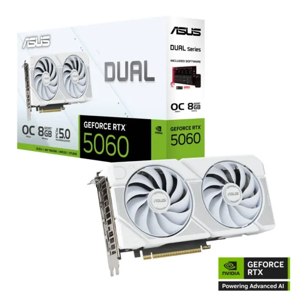 ASUS Dual GeForce RTX 5060 White OC Edition 8GB GDDR7 Graphics Card, 8GB GDDR7 128-Bit Memory, 2535MHz Boost Clock, 28 Gbps Memory Speed, 3840 CUDA Co – Main image ASUS Dual GeForce RTX 5060 White OC Edition 8GB GDDR7 Graphics Card, 8GB GDDR7 128-Bit Memory, 2535MHz Boost Clock, 28 Gbps Memory Speed, 3840 CUDA Co – Main image