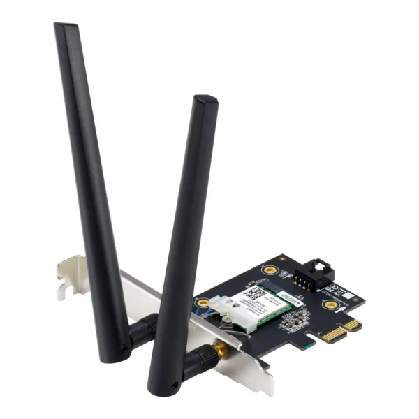 ASUS PCE-BE6500 Adapter, 2.4GHz/5GHz/6GHz Tri-Band, Up to 6452 Mb/s Throughput, 2x Adjustable Antennas, Wi-Fi 7 802.11be & Bluetooth 5.4, PCIe 1x Host Connection, WPA3 Security, Black | PCE-BE6500 – Main image ASUS PCE-BE6500 Adapter, 2.4GHz/5GHz/6GHz Tri-Band, Up to 6452 Mb/s Throughput, 2x Adjustable Antennas, Wi-Fi 7 802.11be & Bluetooth 5.4, PCIe 1x Host Connection, WPA3 Security, Black | PCE-BE6500 – Main image