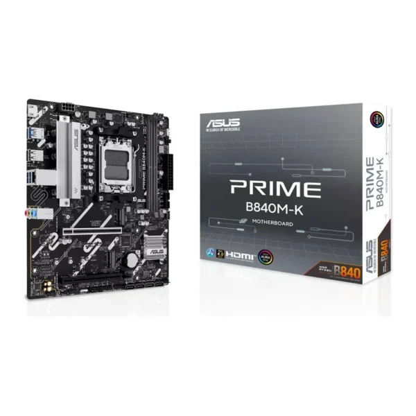 ASUS PRIME B840M-K AM5 mATX Motherboard, AMD B840 Chipset, 2x DIMM DDR5 Slots, Up to 128GB Max Memory, 1x PCIe 4.0 x16 Slot, 2x M.2 Slots | 90MB1PK0-M0EAY0 – Main image ASUS PRIME B840M-K AM5 mATX Motherboard, AMD B840 Chipset, 2x DIMM DDR5 Slots, Up to 128GB Max Memory, 1x PCIe 4.0 x16 Slot, 2x M.2 Slots | 90MB1PK0-M0EAY0 – Main image