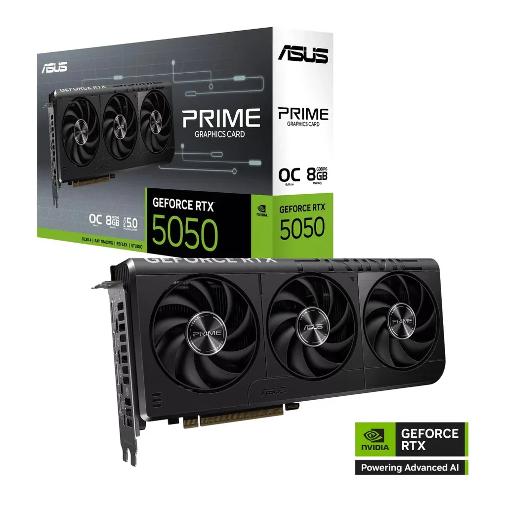 ASUS Prime GeForce RTX 5050 OC Graphics Card, 8GB GDDR6 128-Bit Memory, 2677 MHz Boost Clock, 20 Gbps Memory Speed, 2560 CUDA Cores, PCI Express 5.0, – Main image ASUS Prime GeForce RTX 5050 OC Graphics Card, 8GB GDDR6 128-Bit Memory, 2677 MHz Boost Clock, 20 Gbps Memory Speed, 2560 CUDA Cores, PCI Express 5.0, – Main image