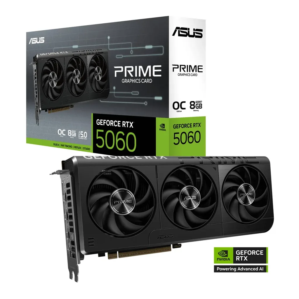ASUS PRIME GeForce RTX 5060 OC Edition Graphics Card, 8GB GDDR7 128-Bit Memory, 2565 MHz Boost Clock, 28 Gbps Memory Speed, 3840 CUDA Cores, PCI Expre – Main image ASUS PRIME GeForce RTX 5060 OC Edition Graphics Card, 8GB GDDR7 128-Bit Memory, 2565 MHz Boost Clock, 28 Gbps Memory Speed, 3840 CUDA Cores, PCI Expre – Main image