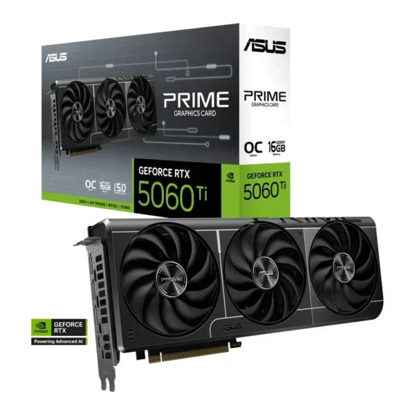 ASUS PRIME GeForce RTX 5060 Ti 16GB GDDR7 OC Edition Graphics Card, 16GB GDDR7 128-Bit Memory, 2617 MHz Boost Clock, 28 Gbps Memory Speed, 4608 CUDA Cores, PCI Express 5.0 | 90YV0MH2-M0NA00 – Main image ASUS PRIME GeForce RTX 5060 Ti 16GB GDDR7 OC Edition Graphics Card, 16GB GDDR7 128-Bit Memory, 2617 MHz Boost Clock, 28 Gbps Memory Speed, 4608 CUDA Cores, PCI Express 5.0 | 90YV0MH2-M0NA00 – Main image