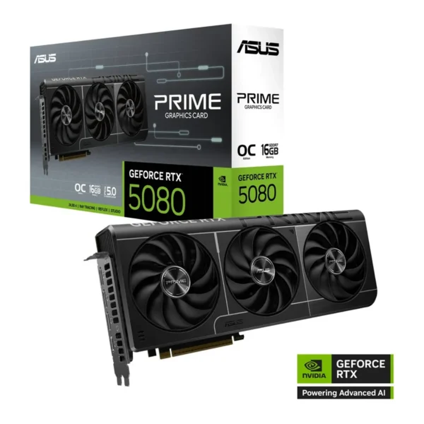 ASUS PRIME GeForce RTX 5080 16GB GDDR7 OC Edition Graphics Card, 16GB GDDR7 256-Bit Memory, 2655MHz Boost Clock, 30Gbps Memory Speed, 10752 CUDA Cores – Main image ASUS PRIME GeForce RTX 5080 16GB GDDR7 OC Edition Graphics Card, 16GB GDDR7 256-Bit Memory, 2655MHz Boost Clock, 30Gbps Memory Speed, 10752 CUDA Cores – Main image