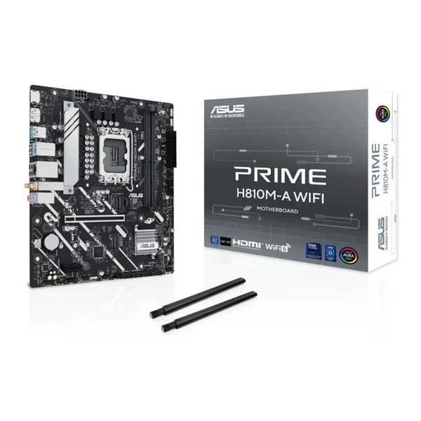 ASUS Prime H810M-A WiFi LGA 1851 Micro-ATX Motherboard, Intel H810 Chipset, 2x DIMM DDR5 Slots, Up to 128GB Max Memory, 1x PCIe 4.0 x16 Slot, 2x M.2 Slot, WiFi & BT Connectivity | 90MB1KJ0-M0EAY0 – Main image ASUS Prime H810M-A WiFi LGA 1851 Micro-ATX Motherboard, Intel H810 Chipset, 2x DIMM DDR5 Slots, Up to 128GB Max Memory, 1x PCIe 4.0 x16 Slot, 2x M.2 Slot, WiFi & BT Connectivity | 90MB1KJ0-M0EAY0 – Main image