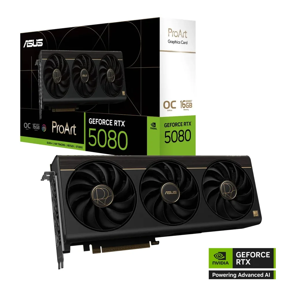 ASUS ProArt GeForce RTX 5080 16GB GDDR7 OC Edition 16GB Graphics Card, GDDR7 256-Bit Memory, 2700 MHz Boost Clock, 10752 CUDA Cores, 30 Gbps Memory Sp – Main image ASUS ProArt GeForce RTX 5080 16GB GDDR7 OC Edition 16GB Graphics Card, GDDR7 256-Bit Memory, 2700 MHz Boost Clock, 10752 CUDA Cores, 30 Gbps Memory Sp – Main image