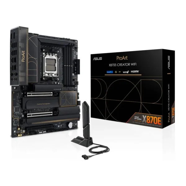 ASUS ProArt X870E-Creator WIFI AM5 ATX Motherboard, AMD X870E Chipset, 4x DDR5 DIMM Slots, 192GB Max Memory, 4x M.2 PCIe Slots, 2x PCIe 5.0 x16 Slots, Bluetooth v5.4 | 90MB1IG0-M0EAY0 – Main image ASUS ProArt X870E-Creator WIFI AM5 ATX Motherboard, AMD X870E Chipset, 4x DDR5 DIMM Slots, 192GB Max Memory, 4x M.2 PCIe Slots, 2x PCIe 5.0 x16 Slots, Bluetooth v5.4 | 90MB1IG0-M0EAY0 – Main image