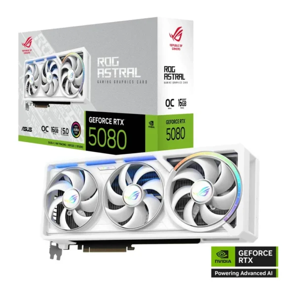 ASUS ROG Astral GeForce RTX 5080 16GB GDDR7 WHITE OC Edition Graphics Card, 16GB GDDR7 256-Bit Memory, 10752 CUDA Cores, 30 Gbps Memory Speed, PCI Exp – Main image ASUS ROG Astral GeForce RTX 5080 16GB GDDR7 WHITE OC Edition Graphics Card, 16GB GDDR7 256-Bit Memory, 10752 CUDA Cores, 30 Gbps Memory Speed, PCI Exp – Main image