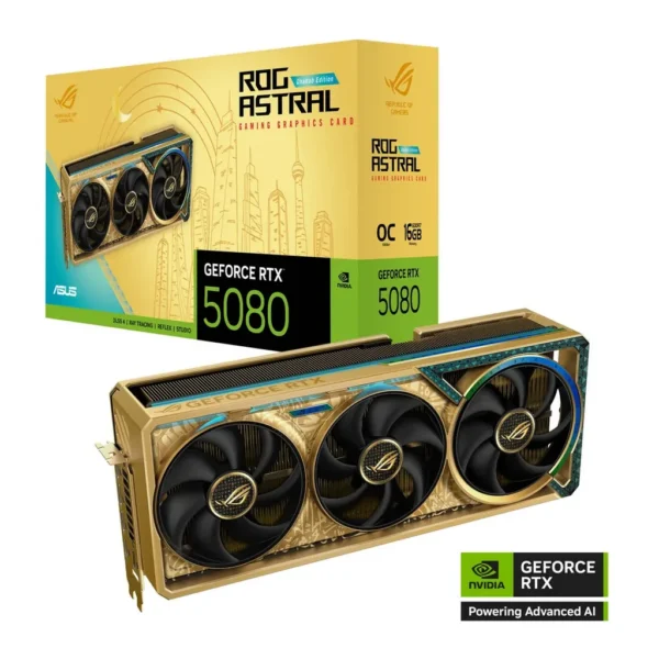 ASUS ROG Astral GeForce RTX 5080 Dhahab CORE OC 16GB Graphics Card, GDDR7 256-Bit Memory, 2760 MHz Boost Clock, 10752 CUDA Cores, 30 Gbps Memory Speed – Main image ASUS ROG Astral GeForce RTX 5080 Dhahab CORE OC 16GB Graphics Card, GDDR7 256-Bit Memory, 2760 MHz Boost Clock, 10752 CUDA Cores, 30 Gbps Memory Speed – Main image