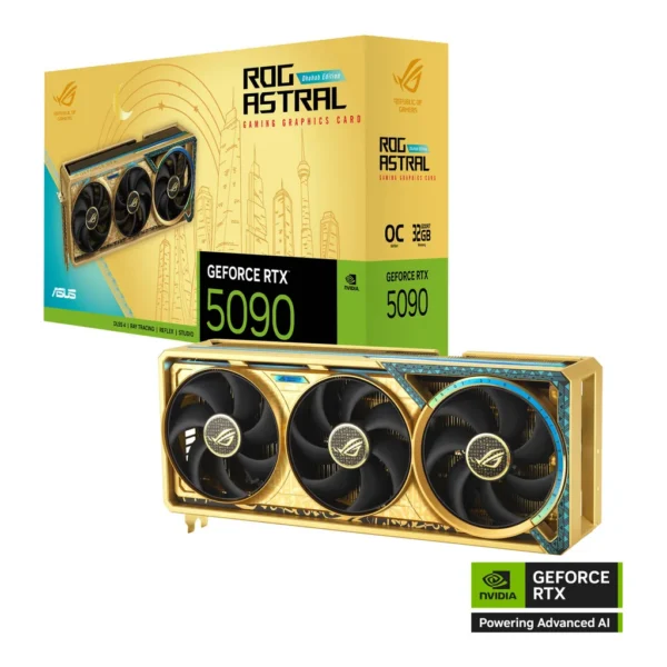 ASUS ROG Astral GeForce RTX 5090 Dhahab OC Edition Graphics Card, 32GB GDDR7 512-Bit Memory, 2580 MHz Boost Clock, 21760 CUDA Cores, 28 Gbps Memory Sp – Main image ASUS ROG Astral GeForce RTX 5090 Dhahab OC Edition Graphics Card, 32GB GDDR7 512-Bit Memory, 2580 MHz Boost Clock, 21760 CUDA Cores, 28 Gbps Memory Sp – Main image