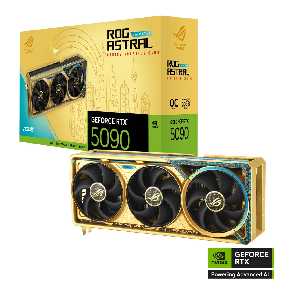 ASUS ROG Astral GeForce RTX 5090 Dhahab OC Edition Graphics Card, 32GB GDDR7 512-Bit Memory, 2580 MHz Boost Clock, 21760 CUDA Cores, 28 Gbps Memory Sp – Main image ASUS ROG Astral GeForce RTX 5090 Dhahab OC Edition Graphics Card, 32GB GDDR7 512-Bit Memory, 2580 MHz Boost Clock, 21760 CUDA Cores, 28 Gbps Memory Sp – Main image