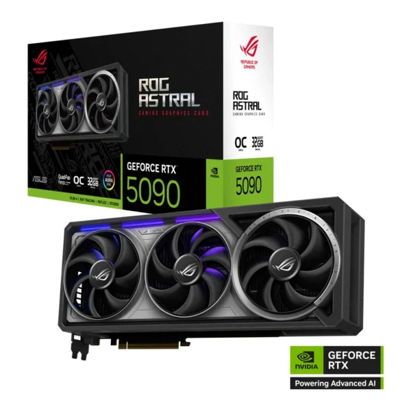 ASUS ROG Astral GeForce RTX 5090 OC Edition Graphics Card, 32GB GDDR7 512-Bit Memory, 2580 MHz Boost Clock, 21760 CUDA Cores, PCI Express 5.0 – Main image ASUS ROG Astral GeForce RTX 5090 OC Edition Graphics Card, 32GB GDDR7 512-Bit Memory, 2580 MHz Boost Clock, 21760 CUDA Cores, PCI Express 5.0 – Main image