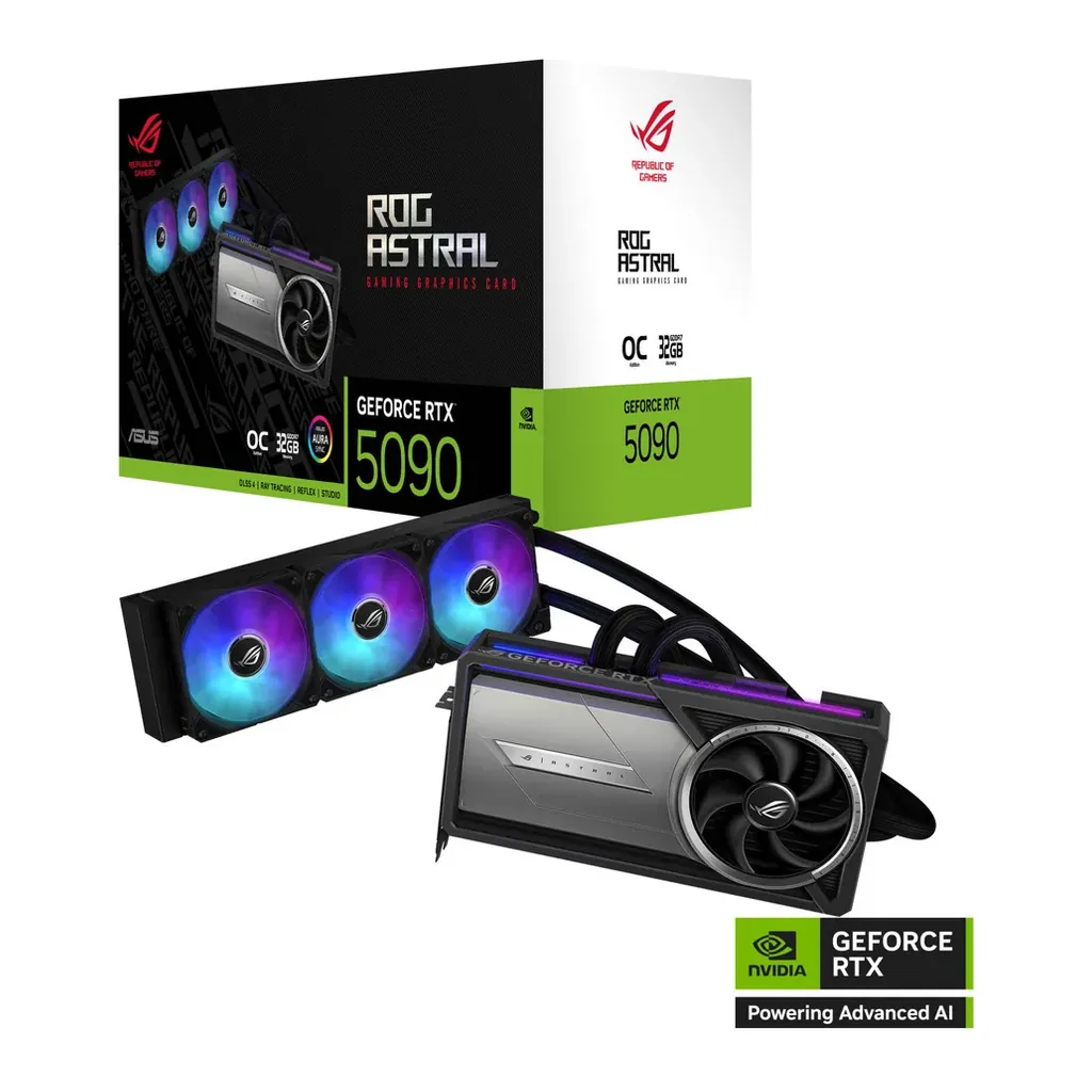 ASUS ROG Astral LC GeForce RTX 5090 OC Edition Graphics Card, 32GB GDDR7 512-Bit Memory, 2580 MHz Boost Clock, 21760 CUDA Cores, 28 Gbps Memory Speed, – Main image ASUS ROG Astral LC GeForce RTX 5090 OC Edition Graphics Card, 32GB GDDR7 512-Bit Memory, 2580 MHz Boost Clock, 21760 CUDA Cores, 28 Gbps Memory Speed, – Main image