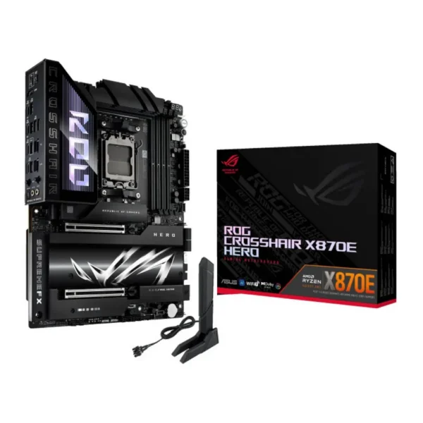 ASUS ROG CROSSHAIR X870E HERO, AMD AM5 Motherboard, DDR5 192GB Max Support EXPO, AI Intelligence, Wi-Fi 7, 2 x USB4 Ports, Overclocking Support | 90MB1IE0-M0EAY0 – Main image ASUS ROG CROSSHAIR X870E HERO, AMD AM5 Motherboard, DDR5 192GB Max Support EXPO, AI Intelligence, Wi-Fi 7, 2 x USB4 Ports, Overclocking Support | 90MB1IE0-M0EAY0 – Main image