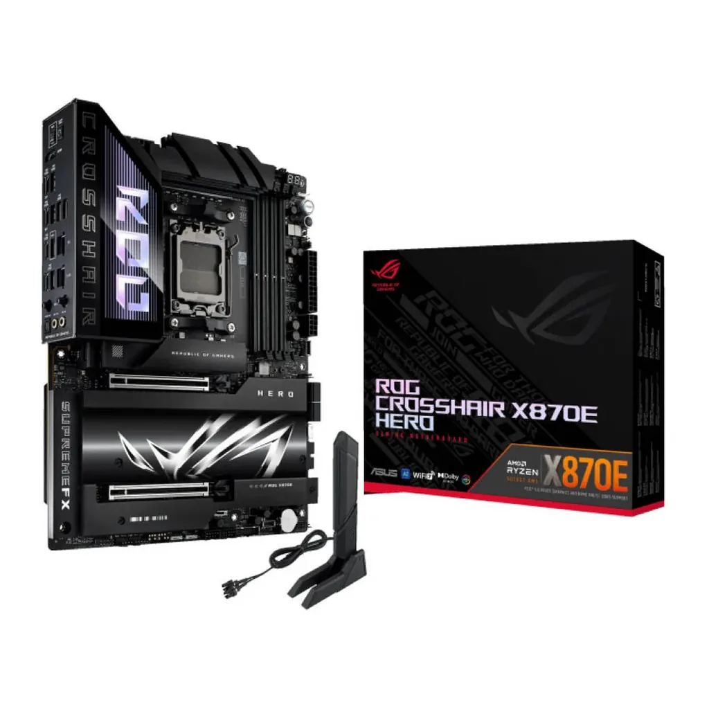 ASUS ROG CROSSHAIR X870E HERO, AMD AM5 Motherboard, DDR5 192GB Max Support EXPO, AI Intelligence, Wi-Fi 7, 2 x USB4 Ports, Overclocking Support | 90MB1IE0-M0EAY0 – Main image ASUS ROG CROSSHAIR X870E HERO, AMD AM5 Motherboard, DDR5 192GB Max Support EXPO, AI Intelligence, Wi-Fi 7, 2 x USB4 Ports, Overclocking Support | 90MB1IE0-M0EAY0 – Main image