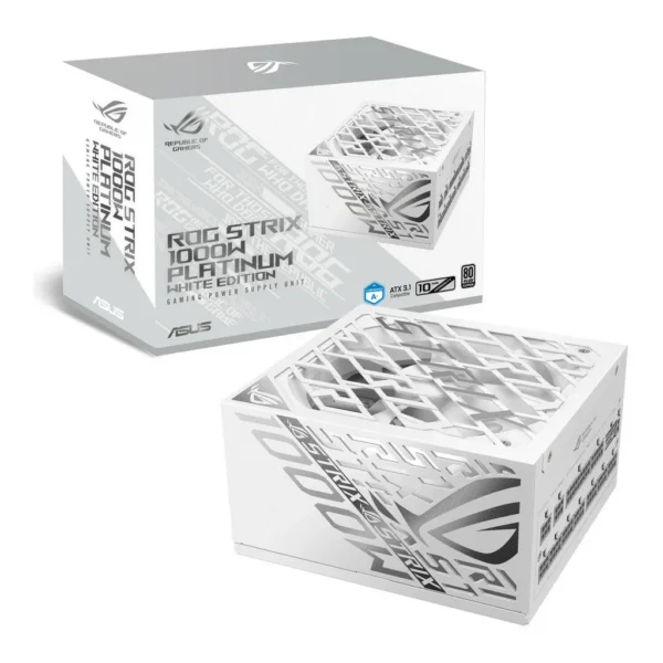ASUS ROG Strix 1000W Platinum Fully Modular Power Supply, 80 PLUS Platinum Efficiency, Active PFC, GaN MOSFET, ATX 3.1 Compatible, Cybernetic Lambda A+, Dual Ball Fan Bearings, White | 90YE00W4-B0NA00 – Main image ASUS ROG Strix 1000W Platinum Fully Modular Power Supply, 80 PLUS Platinum Efficiency, Active PFC, GaN MOSFET, ATX 3.1 Compatible, Cybernetic Lambda A+, Dual Ball Fan Bearings, White | 90YE00W4-B0NA00 – Main image