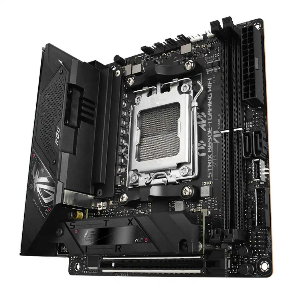 ASUS ROG STRIX B650E-I GAMING WIFI AM5 Mini-ITX Motherboard, AMD B650 Chipset, 2 CH 2x DDR5 DIMM, 64GB Max Memory, Wi-Fi 6E/2.5Gb Eth/ BT v5.2, 1x PCIe 5.0 x16, 1xHDMI, 1xUSB3.2 | 90MB1BI0-M0EAY0 – Gallery image 2 ASUS ROG STRIX B650E-I GAMING WIFI AM5 Mini-ITX Motherboard, AMD B650 Chipset, 2 CH 2x DDR5 DIMM, 64GB Max Memory, Wi-Fi 6E/2.5Gb Eth/ BT v5.2, 1x PCIe 5.0 x16, 1xHDMI, 1xUSB3.2 | 90MB1BI0-M0EAY0 – Gallery image 2