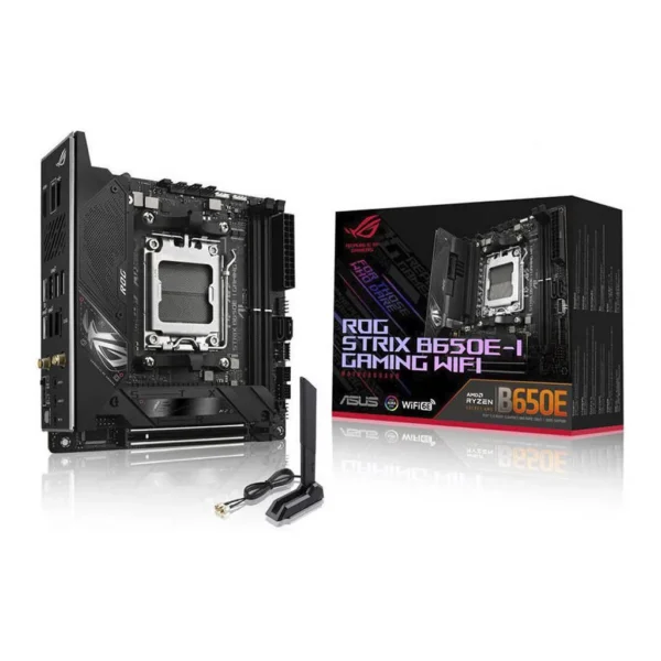 ASUS ROG STRIX B650E-I GAMING WIFI AM5 Mini-ITX Motherboard, AMD B650 Chipset, 2 CH 2x DDR5 DIMM, 64GB Max Memory, Wi-Fi 6E/2.5Gb Eth/ BT v5.2, 1x PCIe 5.0 x16, 1xHDMI, 1xUSB3.2 | 90MB1BI0-M0EAY0 – Main image ASUS ROG STRIX B650E-I GAMING WIFI AM5 Mini-ITX Motherboard, AMD B650 Chipset, 2 CH 2x DDR5 DIMM, 64GB Max Memory, Wi-Fi 6E/2.5Gb Eth/ BT v5.2, 1x PCIe 5.0 x16, 1xHDMI, 1xUSB3.2 | 90MB1BI0-M0EAY0 – Main image