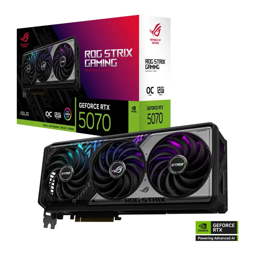 ASUS ROG Strix GeForce RTX 5070 OC Graphics Card, 12GB GDDR7 192-Bit Memory, 2655 MHz Boost Clock, 28 Gbps Memory Speed, 6144 CUDA Cores, PCI Express – Main image ASUS ROG Strix GeForce RTX 5070 OC Graphics Card, 12GB GDDR7 192-Bit Memory, 2655 MHz Boost Clock, 28 Gbps Memory Speed, 6144 CUDA Cores, PCI Express – Main image