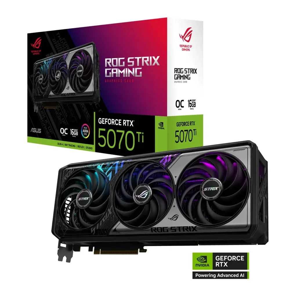 ASUS ROG Strix GeForce RTX 5070 Ti OC Edition Graphics Card, 16GB GDDR7 256-Bit Memory, 2602 MHz Boost Clock, 8960 CUDA Cores, 28 Gbps Memory Speed, P – Main image ASUS ROG Strix GeForce RTX 5070 Ti OC Edition Graphics Card, 16GB GDDR7 256-Bit Memory, 2602 MHz Boost Clock, 8960 CUDA Cores, 28 Gbps Memory Speed, P – Main image