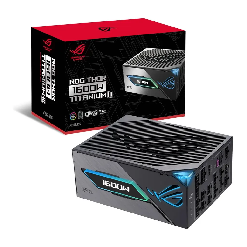 ASUS ROG Thor 1600W Titanium III Fully Modular Power Supply, 80 Plus Titanium Efficiency, Cybenetics Titanium Certification, Active PFC, ATX 3.1 Standard, GaN MOSFET Technology | 90YE00V1-B0NA00 – Main image ASUS ROG Thor 1600W Titanium III Fully Modular Power Supply, 80 Plus Titanium Efficiency, Cybenetics Titanium Certification, Active PFC, ATX 3.1 Standard, GaN MOSFET Technology | 90YE00V1-B0NA00 – Main image