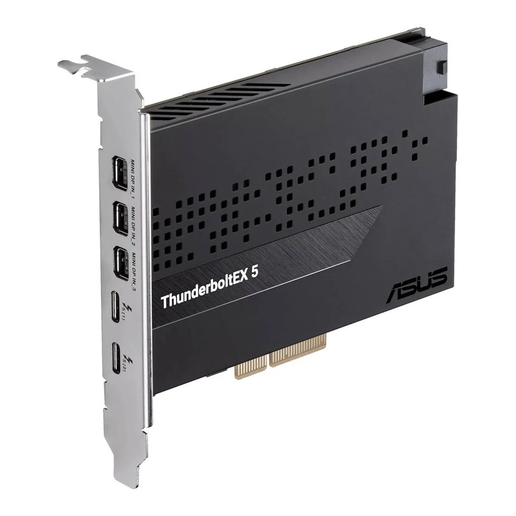 ASUS ThunderboltEX 5 Expansion Card, 2 x USB Type-C Ports, Up to 120Gbps Bandwidth, 3x Mini DisplayPort IN Ports, 130W Flexible FastCharge, PCIe 4.0 x4 interface, Black | 90MC0E50-M0EAY0 – Gallery image 3 ASUS ThunderboltEX 5 Expansion Card, 2 x USB Type-C Ports, Up to 120Gbps Bandwidth, 3x Mini DisplayPort IN Ports, 130W Flexible FastCharge, PCIe 4.0 x4 interface, Black | 90MC0E50-M0EAY0 – Gallery image 3
