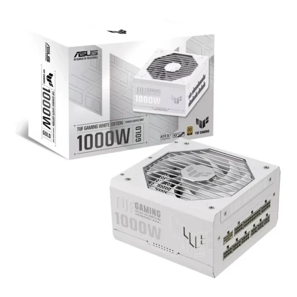 ASUS TUF Gaming 1000W 80Plus Gold Fully Modular Power Supply, ATX 3.0 Compatible 80+ Gold Certified, Military-grade, Dual Ball Bearing, Axial-tech Fan, PCB Coating, White | 90YE00S5-B0NA00 – Main image ASUS TUF Gaming 1000W 80Plus Gold Fully Modular Power Supply, ATX 3.0 Compatible 80+ Gold Certified, Military-grade, Dual Ball Bearing, Axial-tech Fan, PCB Coating, White | 90YE00S5-B0NA00 – Main image